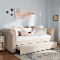 Baxton Studio Ashley-Beige-Daybed Mabelle Modern and Contemporary Beige Fabric Trundle Daybed